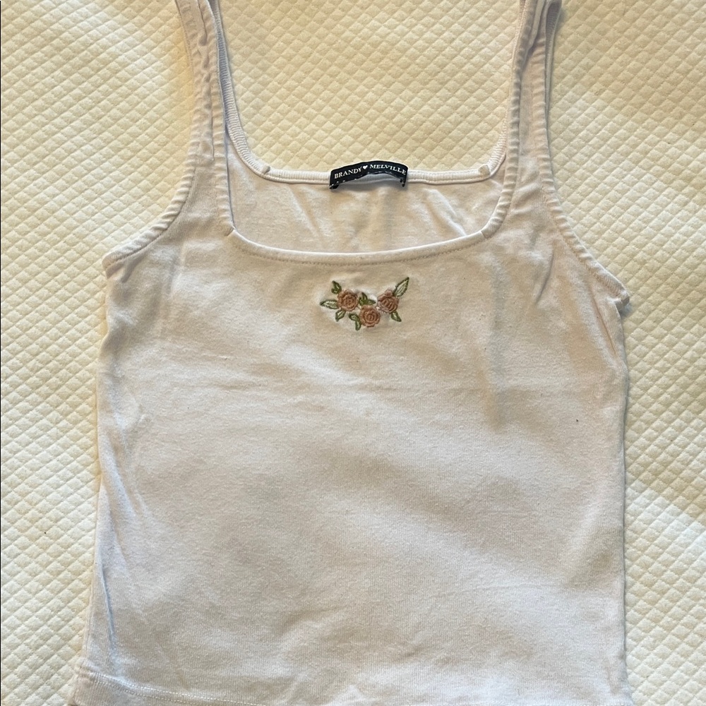 Brandy Melville White Tank Top with Floral Embroidery